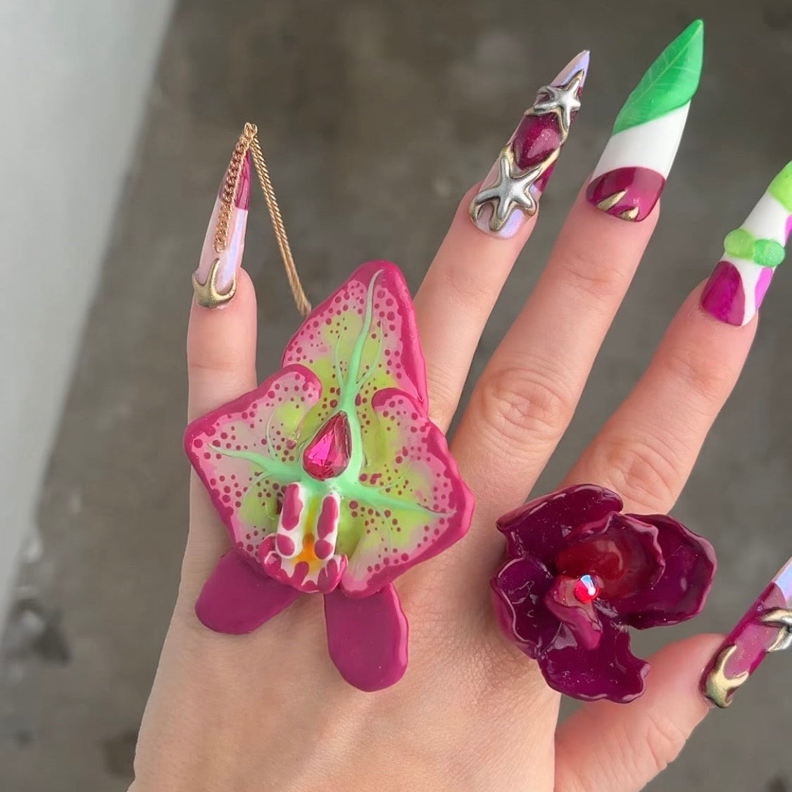 purple and green orchid ring with Swarovski